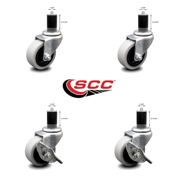 2 Inch Thermoplastic Wheel 1-3/4 Inch Expanding Stem Caster Set with 2 Brakes